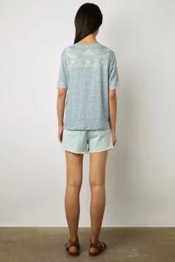 Tshirt En Lin A Broderie Bleu Ciel - Manika