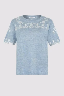 Tshirt En Lin A Broderie Bleu Ciel - Manika