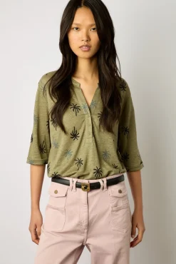 Tshirt Palmier En Lin Vert Kaki - Madison