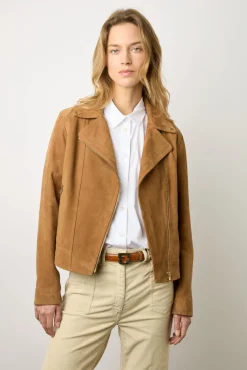 Veste Biker En Cuir Velours Caramel - Maud