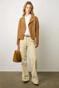 Veste Biker En Cuir Velours Caramel - Maud