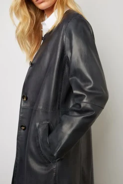 Veste Longue En Cuir Marine - Jemima